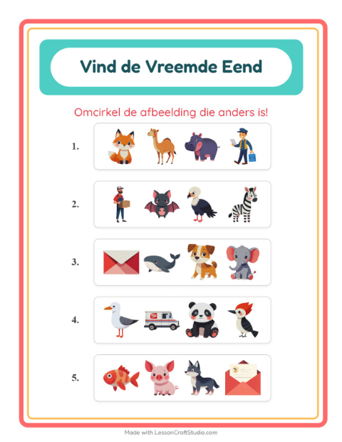 Voorbeeld van het Welke Hoort Er Niet Thuis-werkblad met Dieren voor kleuterklas