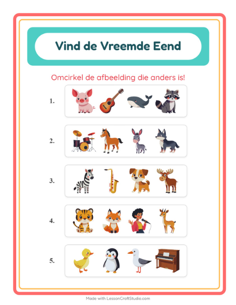 Voorbeeld van het Welke Hoort Er Niet Thuis-werkblad met Dieren voor kleuterklas