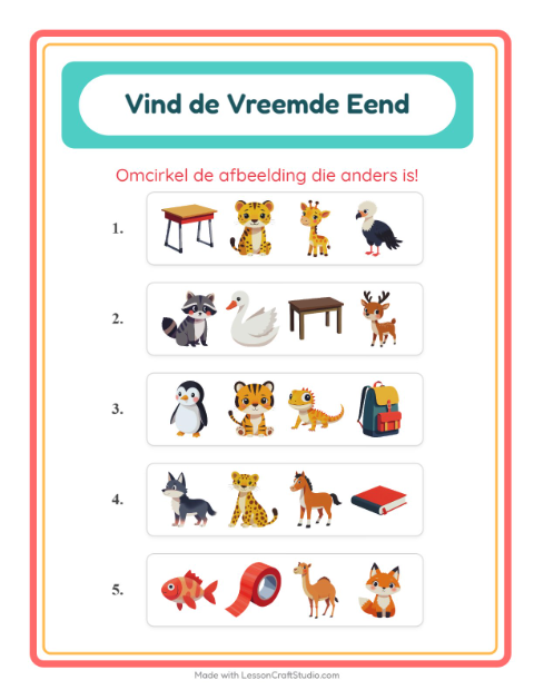 Voorbeeld van het Welke Hoort Er Niet Thuis-werkblad met Dieren voor kleuterklas