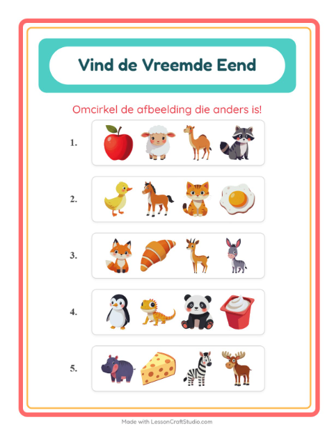 Voorbeeld van het Welke Hoort Er Niet Thuis-werkblad met Dieren voor kleuterklas