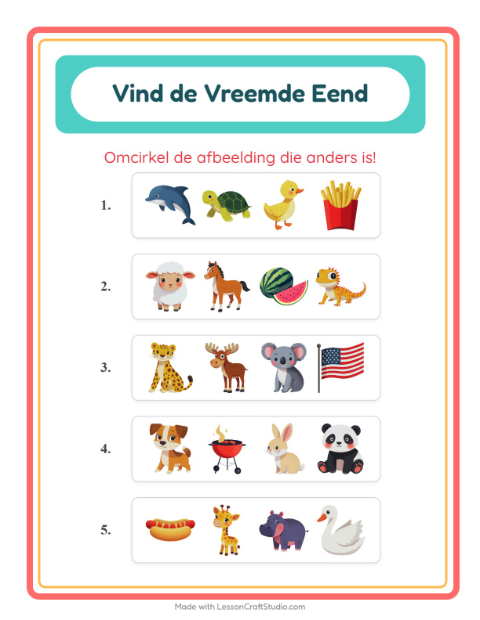 Voorbeeld van het Welke Hoort Er Niet Thuis-werkblad met Dieren voor kleuterklas