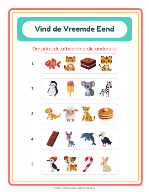Voorbeeld van het Welke Hoort Er Niet Thuis-werkblad met Dieren voor kleuterklas