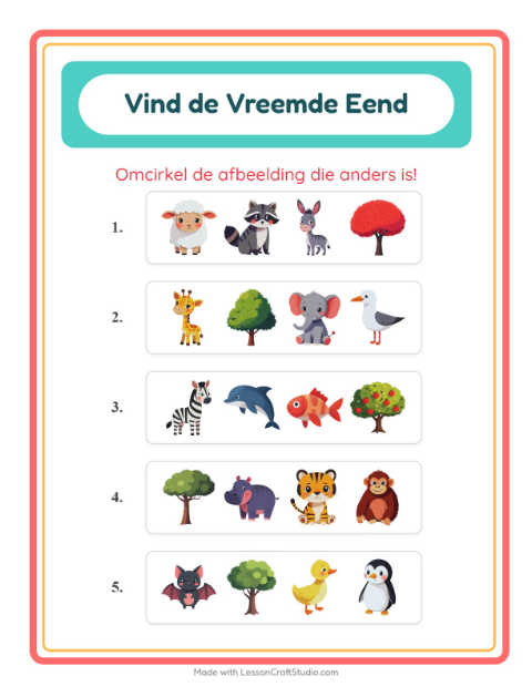 Voorbeeld van het Welke Hoort Er Niet Thuis-werkblad met Dieren voor kleuterklas