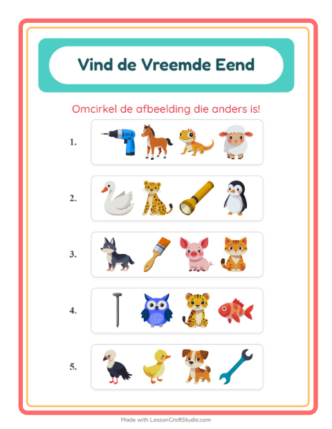Voorbeeld van het Welke Hoort Er Niet Thuis-werkblad met Dieren voor kleuterklas