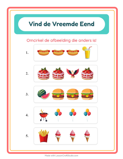 Voorbeeld van het Welke Hoort Er Niet Thuis-werkblad met 4 juli voor kleuterklas