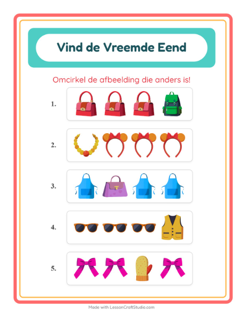 Voorbeeld van het Welke Hoort Er Niet Thuis-werkblad met Accessoires voor kleuterklas