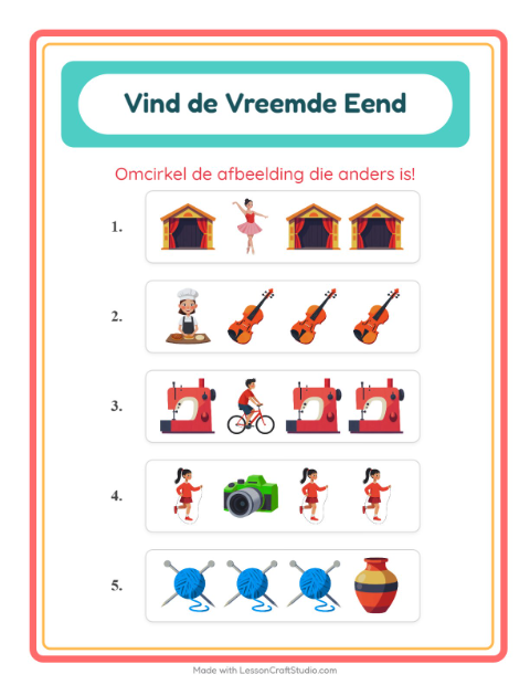 Voorbeeld van het Welke Hoort Er Niet Thuis-werkblad met Activiteiten voor kleuterklas