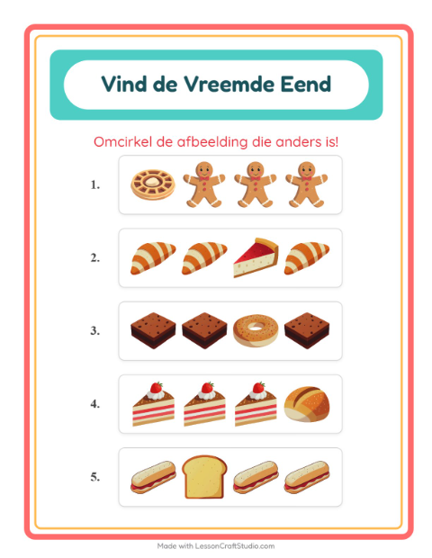 Voorbeeld van het Welke Hoort Er Niet Thuis-werkblad met Bakkerij voor kleuterklas