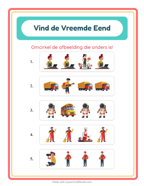 Voorbeeld van het Welke Hoort Er Niet Thuis-werkblad met Beroepen voor kleuterklas