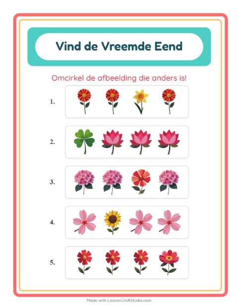 Voorbeeld van het Welke Hoort Er Niet Thuis-werkblad met Bloemen voor kleuterklas