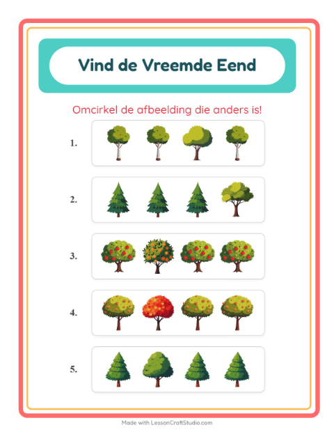 Voorbeeld van het Welke Hoort Er Niet Thuis-werkblad met Bomen voor kleuterklas