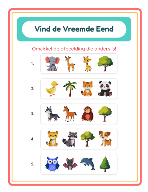 Voorbeeld van het Welke Hoort Er Niet Thuis-werkblad met Dieren voor kleuterklas