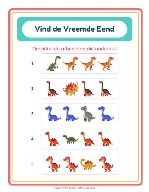 Voorbeeld van het Welke Hoort Er Niet Thuis-werkblad met Dinosaurussen voor kleuterklas