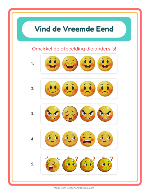 Voorbeeld van het Welke Hoort Er Niet Thuis-werkblad met Emoties voor kleuterklas