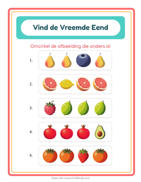 Voorbeeld van het Welke Hoort Er Niet Thuis-werkblad met Fruit voor kleuterklas