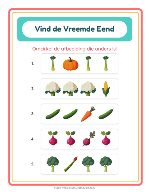 Voorbeeld van het Welke Hoort Er Niet Thuis-werkblad met Groenten voor kleuterklas