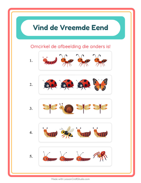 Voorbeeld van het Welke Hoort Er Niet Thuis-werkblad met Insecten en beestjes voor kleuterklas