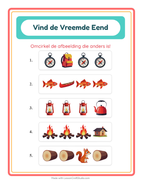 Voorbeeld van het Welke Hoort Er Niet Thuis-werkblad met Kamperen voor kleuterklas