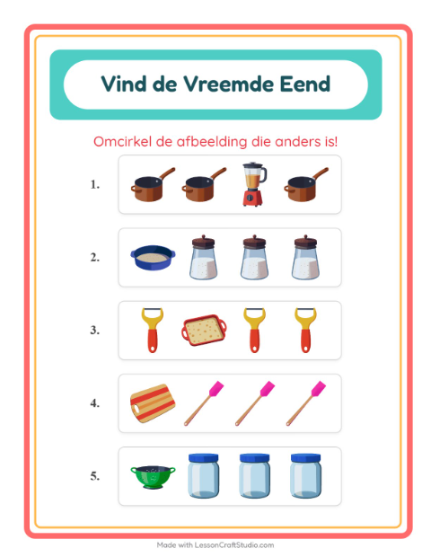 Voorbeeld van het Welke Hoort Er Niet Thuis-werkblad met Keukengerei voor kleuterklas