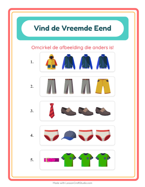 Voorbeeld van het Welke Hoort Er Niet Thuis-werkblad met Kleding voor kleuterklas