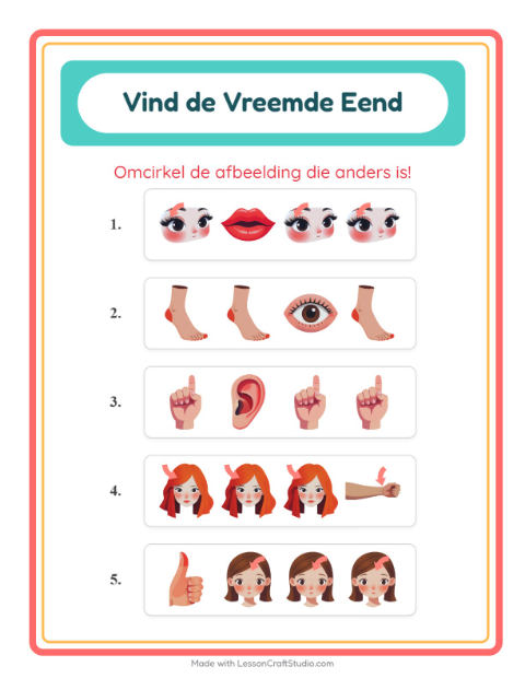 Voorbeeld van het Welke Hoort Er Niet Thuis-werkblad met Lichaamsdelen voor kleuterklas
