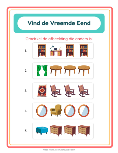 Voorbeeld van het Welke Hoort Er Niet Thuis-werkblad met Meubels voor kleuterklas
