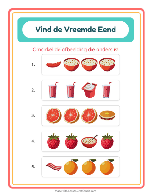 Voorbeeld van het Welke Hoort Er Niet Thuis-werkblad met Ontbijt voor kleuterklas