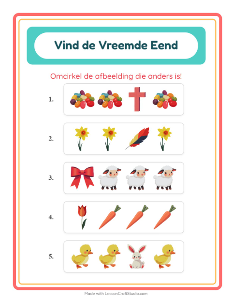 Voorbeeld van het Welke Hoort Er Niet Thuis-werkblad met Pasen voor kleuterklas