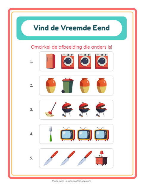 Voorbeeld van het Welke Hoort Er Niet Thuis-werkblad met Rond het huis voor kleuterklas