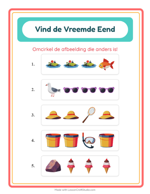 Voorbeeld van het Welke Hoort Er Niet Thuis-werkblad met Strand voor kleuterklas