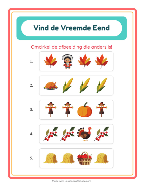 Voorbeeld van het Welke Hoort Er Niet Thuis-werkblad met Thanksgiving voor kleuterklas
