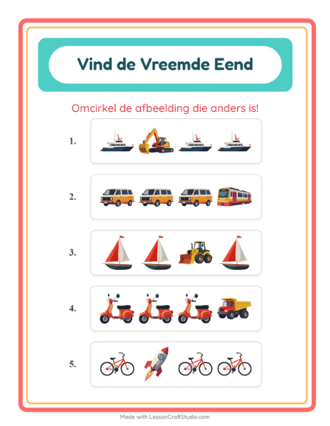 Voorbeeld van het Welke Hoort Er Niet Thuis-werkblad met Voertuigen voor kleuterklas