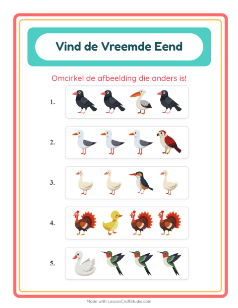 Voorbeeld van het Welke Hoort Er Niet Thuis-werkblad met Vogels 2 voor kleuterklas