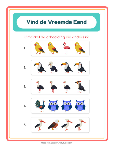Voorbeeld van het Welke Hoort Er Niet Thuis-werkblad met Vogels voor kleuterklas