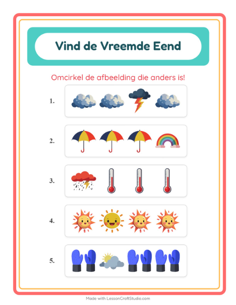 Voorbeeld van het Welke Hoort Er Niet Thuis-werkblad met Weer voor kleuterklas