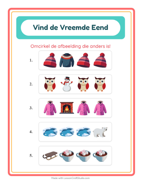 Voorbeeld van het Welke Hoort Er Niet Thuis-werkblad met Winter voor kleuterklas