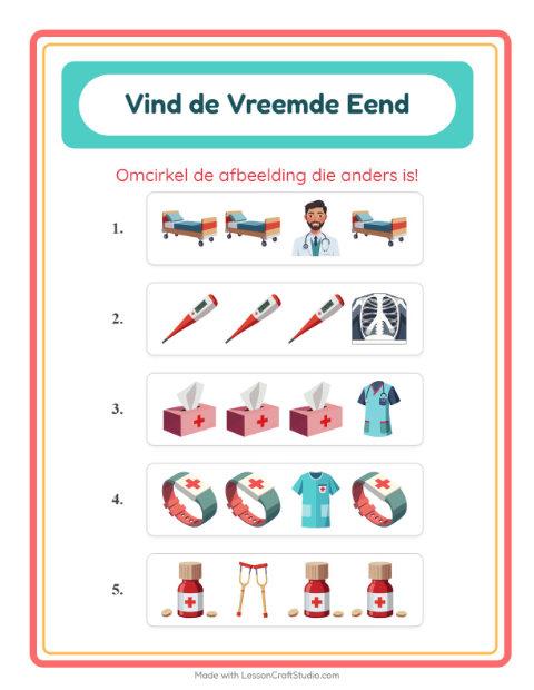 Voorbeeld van het Welke Hoort Er Niet Thuis-werkblad met Ziekenhuis voor kleuterklas