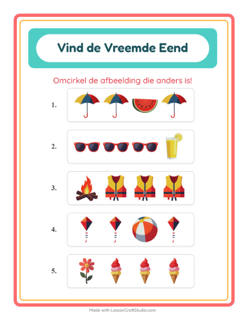 Voorbeeld van het Welke Hoort Er Niet Thuis-werkblad met Zomer voor kleuterklas