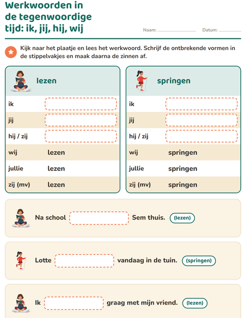 Voorbeeld van het Werkwoorden vervoegen-werkblad voor groep 4