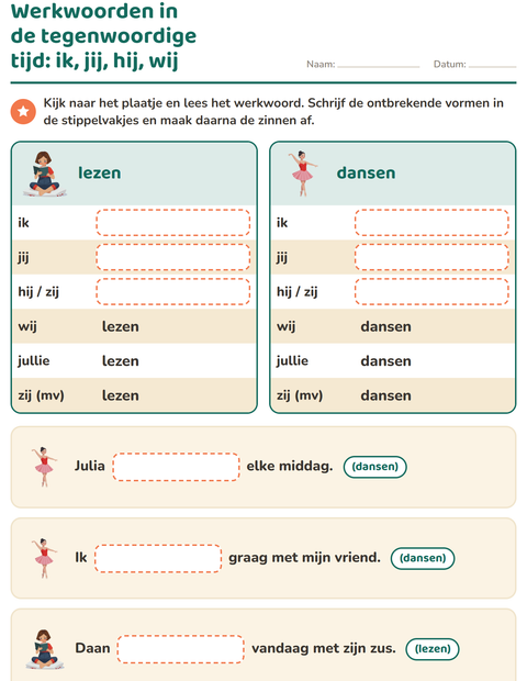Voorbeeld van het Werkwoorden vervoegen-werkblad voor groep 4