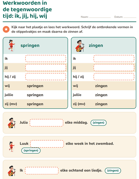 Voorbeeld van het Werkwoorden vervoegen-werkblad voor groep 4