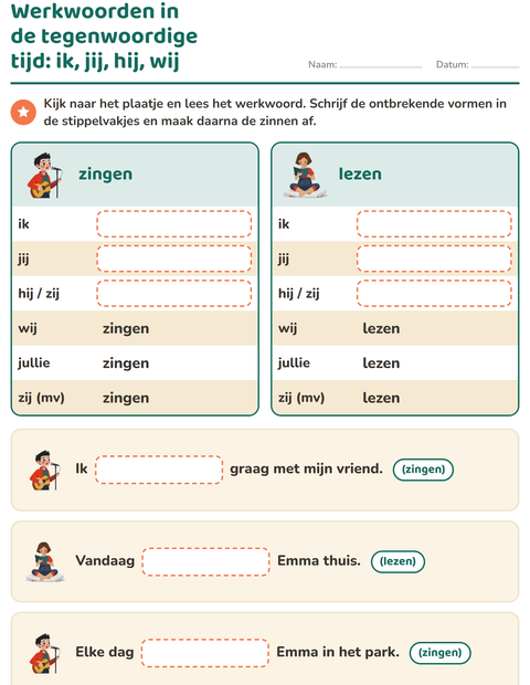 Voorbeeld van het Werkwoorden vervoegen-werkblad voor groep 4