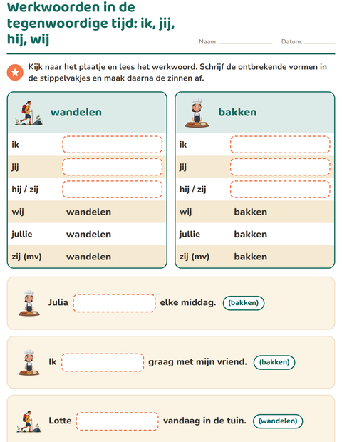 Werkwoorden in de tegenwoordige tijd: ik, jij, hij, wij
