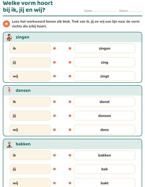 Voorbeeld van het Werkwoorden vervoegen-werkblad voor groep 4