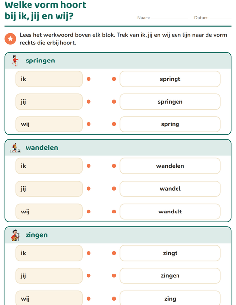 Voorbeeld van het Werkwoorden vervoegen-werkblad voor groep 4