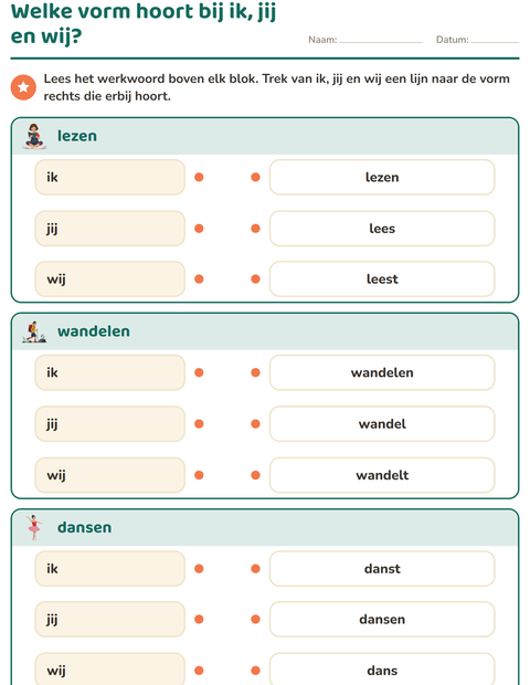 Welke vorm hoort bij ik, jij en wij? Trek de lijn