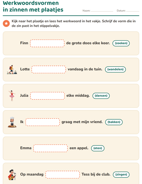 Voorbeeld van het Werkwoorden vervoegen-werkblad voor groep 4