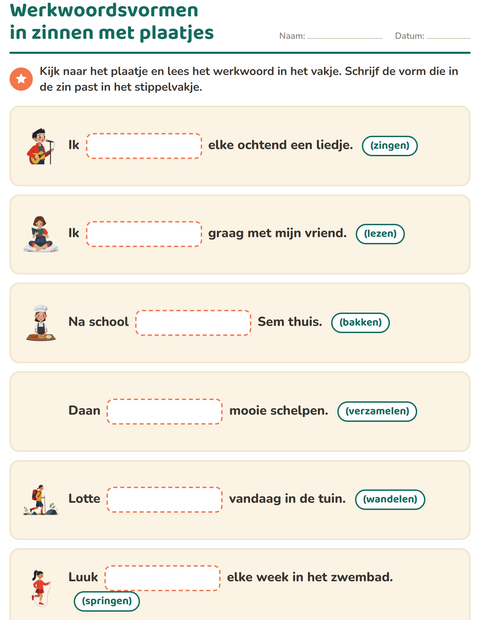 Voorbeeld van het Werkwoorden vervoegen-werkblad voor groep 4