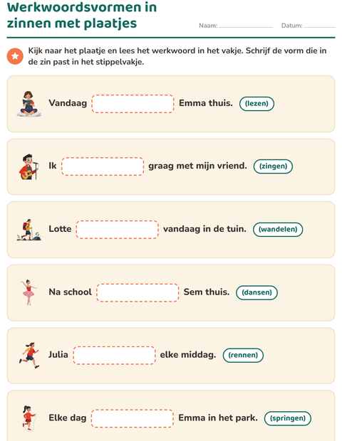 Werkwoordsvormen in zinnen met plaatjes: schrijf de vorm die past