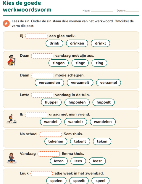 Voorbeeld van het Werkwoorden vervoegen-werkblad voor groep 4